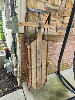 Vintage Wooden Lightning Guider Sled - Natural Wood & Red